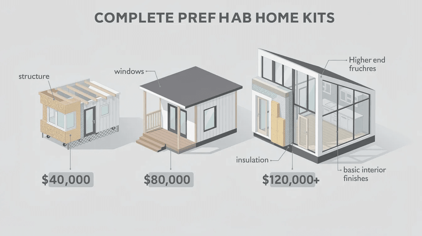 The image showcases a range of complete prefab kits for sale featuring structures that come with windows doors insulation and sometimes basic interior finishes ideal for creating energy efficient tiny houses or vacation homes These kits which vary in construction costs from 000 to 0000+ include prefabricated components designed for easy assembly and customization ensuring a comfortable living space filled with natural light