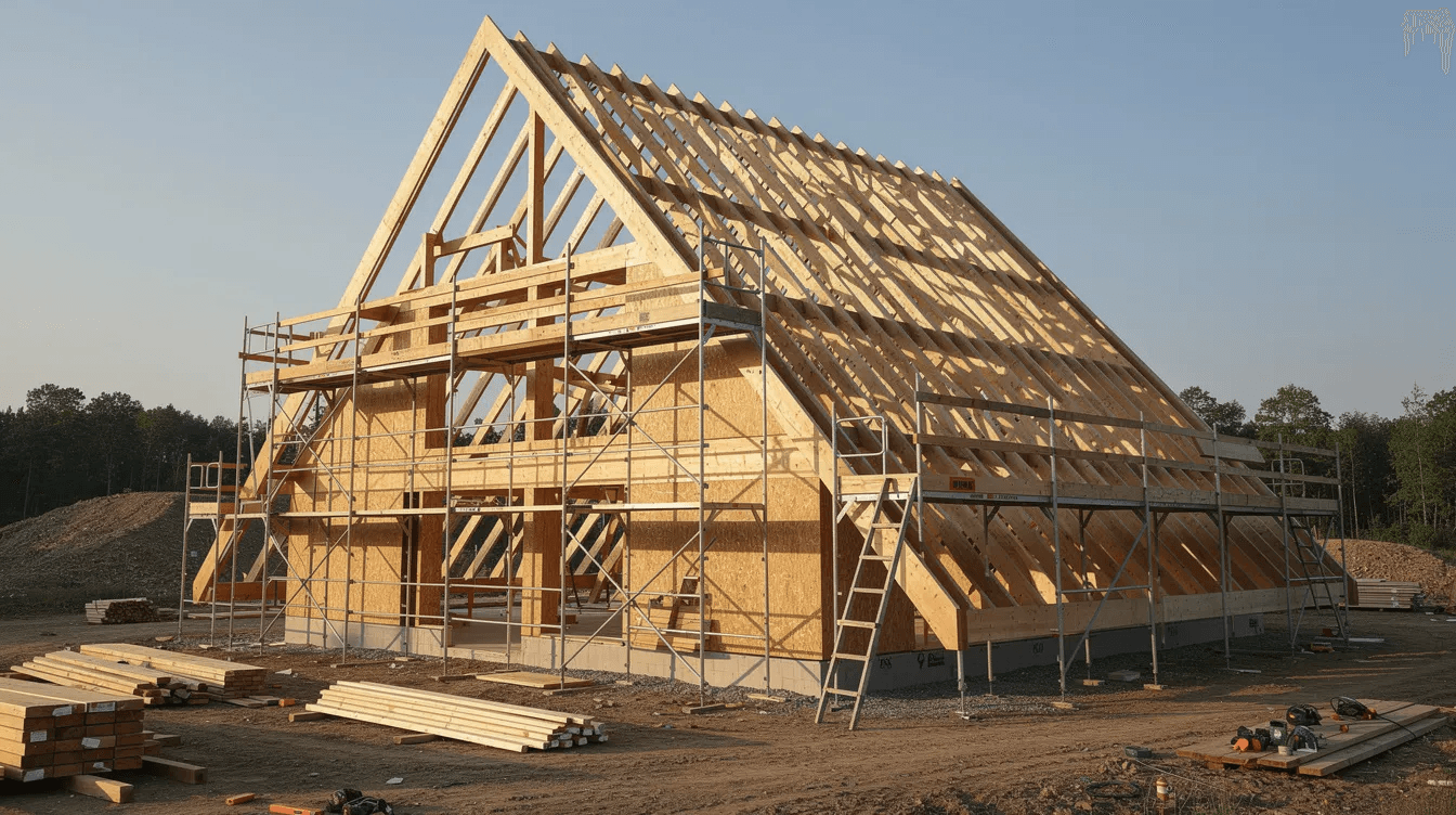 Ae6e80be6162411c9b05e68d4330b85a The image depicts an A frame house under construction showcasing exposed roof framing and scaffolding around the structure The scene highlights the building's foundation walls and large windows, emphasizing the design elements typical of frame house plans.