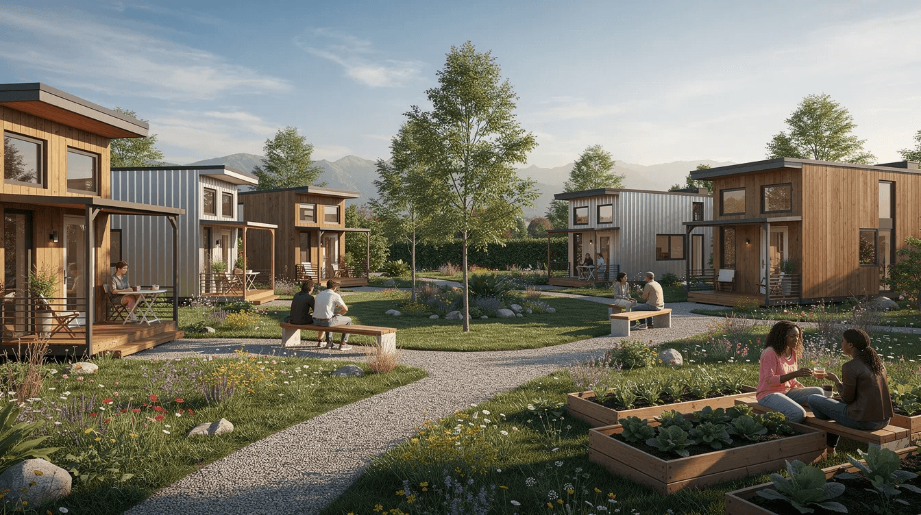 The image depicts a vibrant tiny home community featuring several cozy tiny homes surrounded by lush green spaces and community gardens This inviting environment embodies the essence of tiny living where homeowners can enjoy a shared lifestyle and connect with local businesses in North Carolina