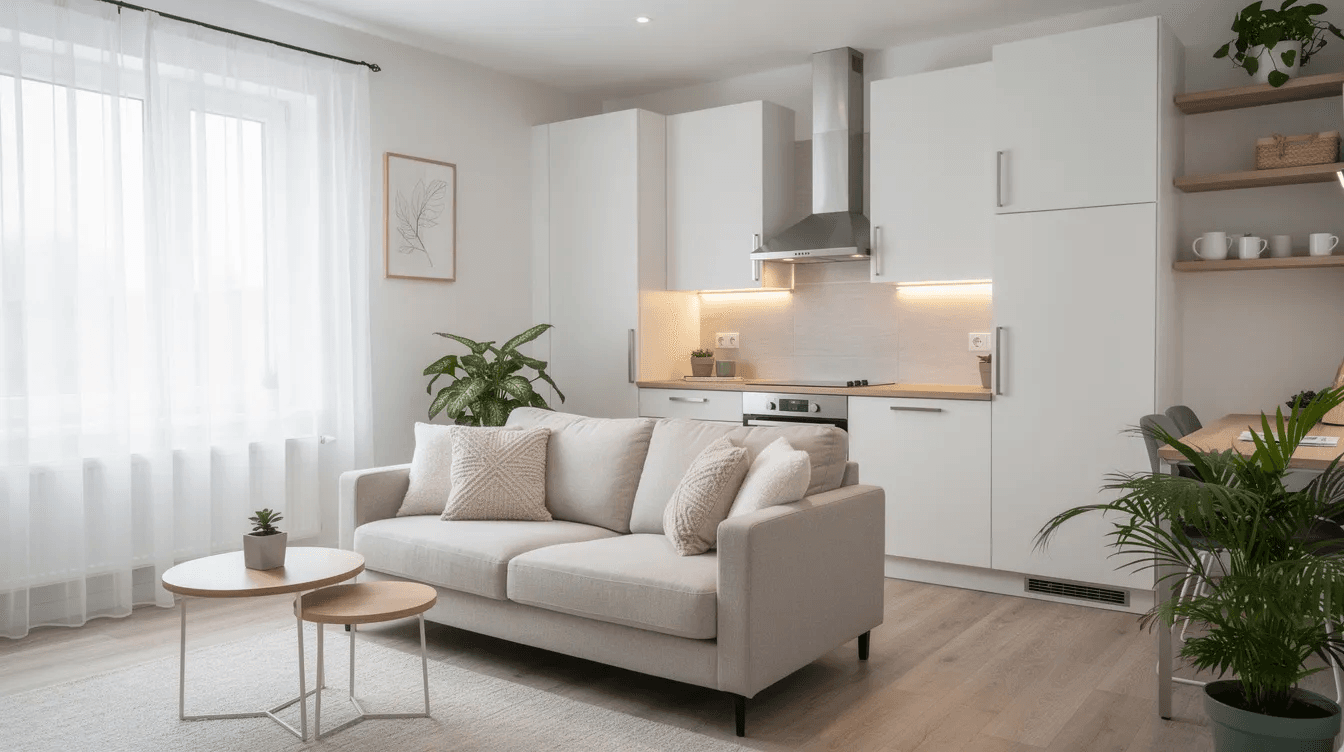 The image depicts a bright and well organized small living space featuring a compact kitchen and a comfortable seating area ideal for those considering accessory dwelling units or tiny homes This cozy layout reflects efficient design making it a perfect option for affordable housing solutions in a backyard setting