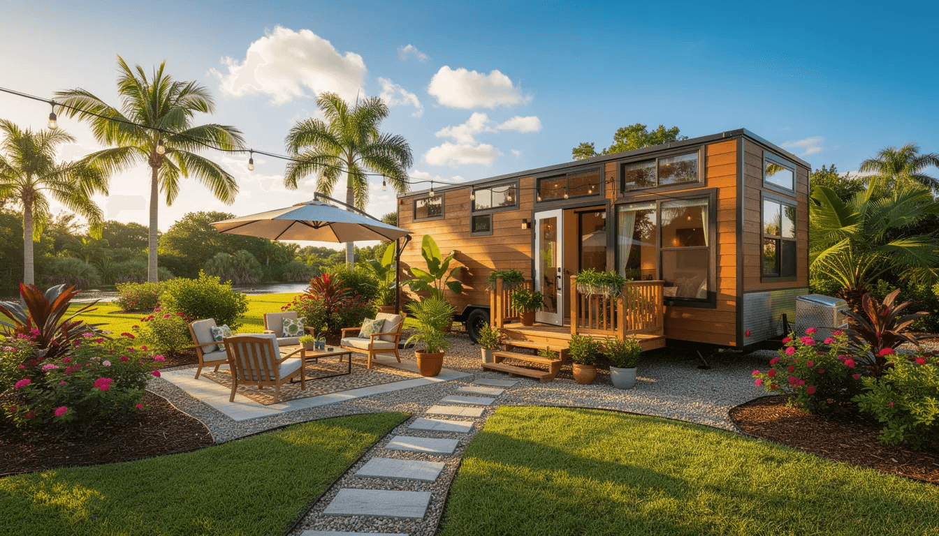 A tiny home on wheels is parked in a sunny Florida setting surrounded by vibrant landscaping and outdoor furniture embodying the essence of the tiny house movement This custom tiny house offers a comfortable living experience perfect for enjoying the outdoor space in a serene environment