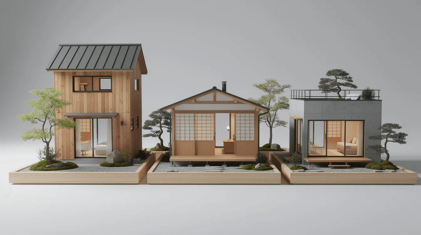 B369d5ad2e4f48af80f6c2f4e27af4d4 The image showcases various models of Japanese tiny homes featuring traditional architectural elements such as wooden beams and sliding doors These sustainable living spaces are designed with natural materials offering customization options and a minimalist aesthetic ideal for those seeking a practical and harmonious lifestyle in nature