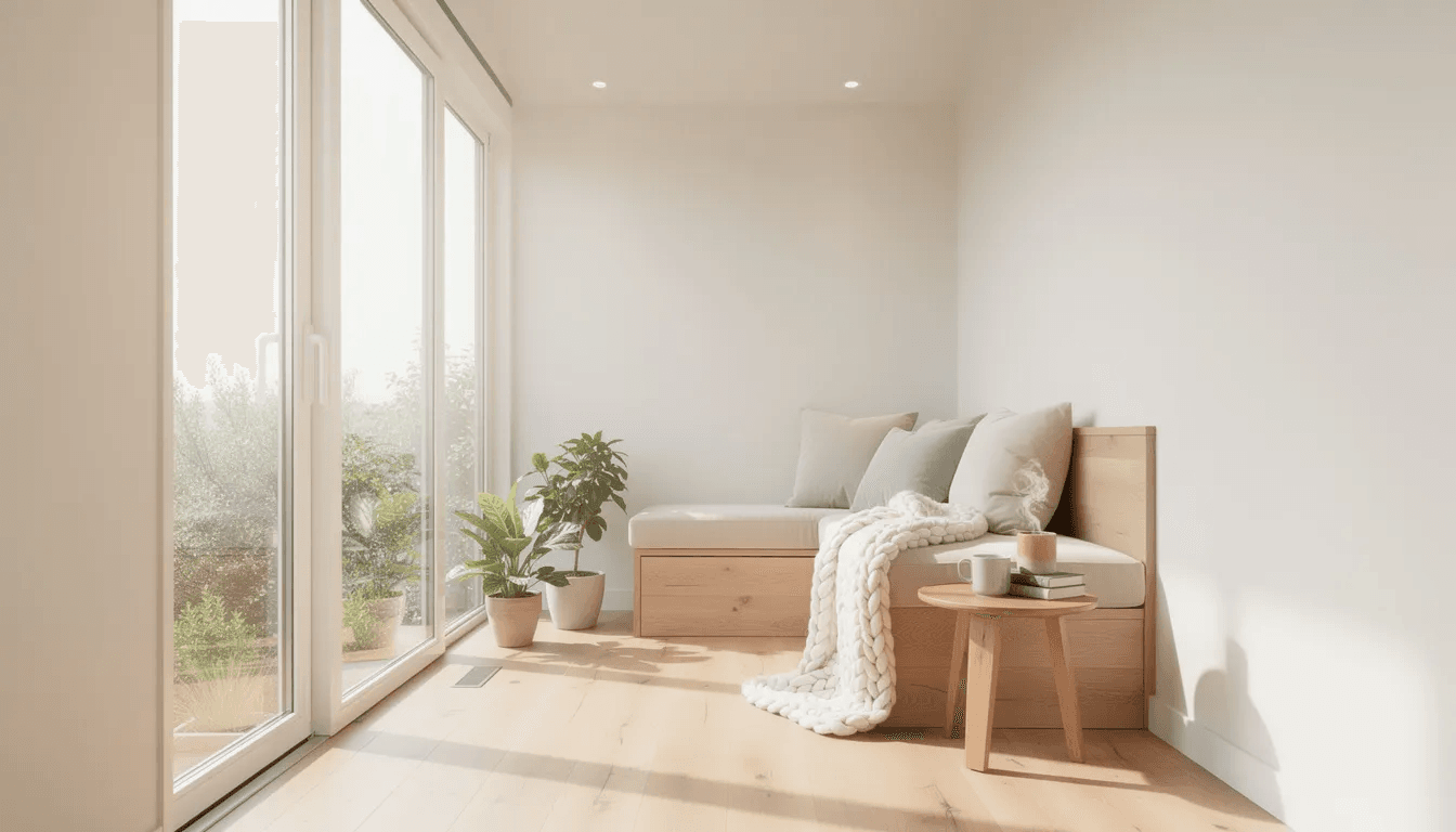 The image depicts a bright tiny home interior featuring large windows that allow natural light to flood the space complemented by pale walls and warm wood floors A cozy reading nook is nestled in the corner creating a perfect retreat for small families or guests in this stylish living area