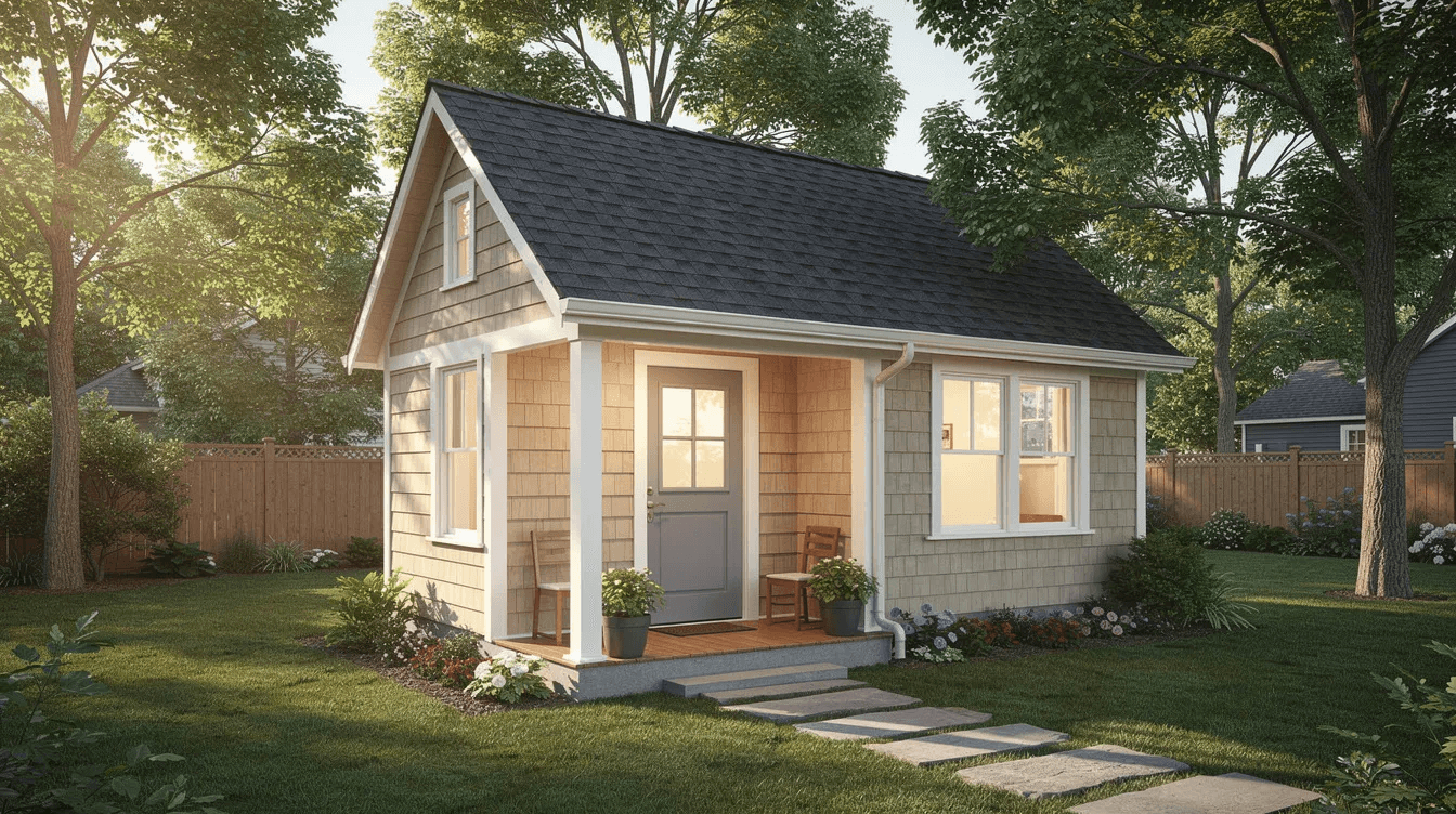 The image shows a small cottage style accessory dwelling unit nestled in a residential backyard surrounded by trees illustrating the charm of tiny home living in Rhode Island This cozy tiny house exemplifies the growing interest in alternative housing options and could serve as an example of how homeowners can utilize their property for additional living space