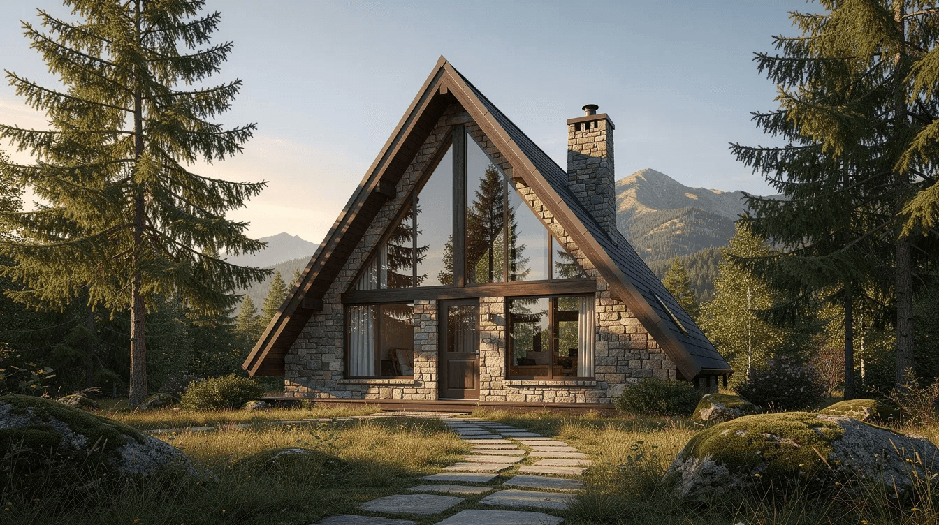 B56f9b6267c7452cab3f94832d603779 The image depicts a modern stone A frame house characterized by its distinctive triangular shape and sturdy stone exterior Surrounded by a scenic outdoor setting the home features spacious decks and porches making it an ideal retreat for enjoying nature