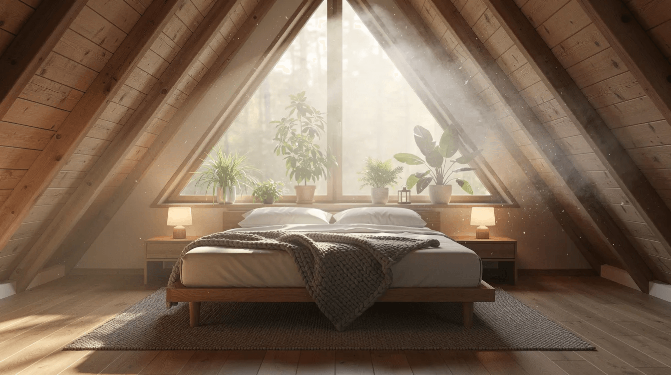 B73263a042604eb9aa772e131024ac0c The image depicts a cozy A frame bedroom featuring a steeply pitched roof and wooden walls that create a warm and inviting atmosphere Sunlight streams through a large window illuminating the space and offering a view of nature making it a perfect getaway for relaxation and comfort