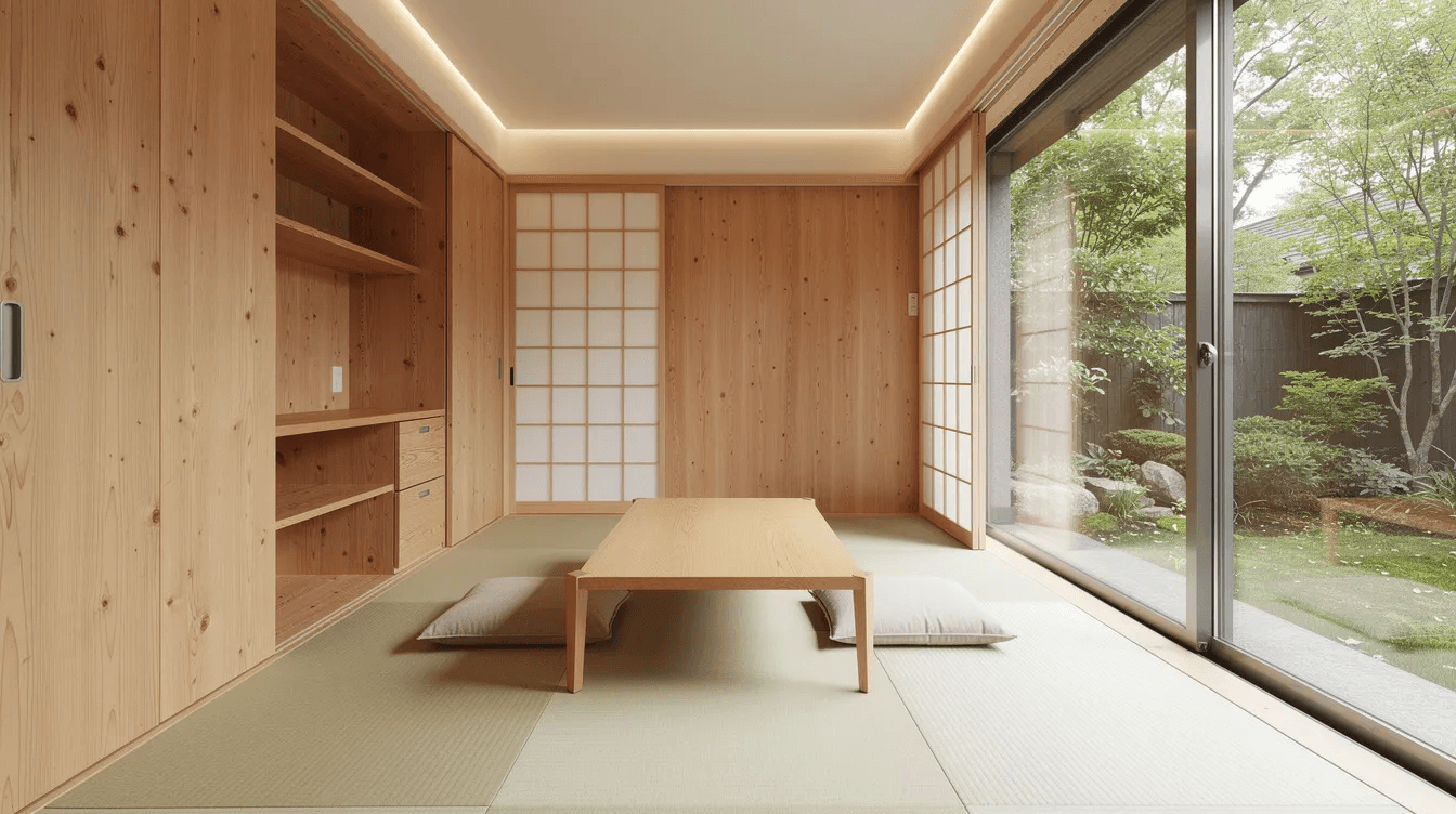 B8e4e332df7a4ef187bb86aa5bd83b67 The image showcases the interior of a modern Japanese tiny home featuring natural wood walls and tatami flooring illuminated by large windows that invite the outdoors in The space is designed with minimalist elements and practical lighting emphasizing sustainable living and the use of natural materials for a harmonious atmosphere