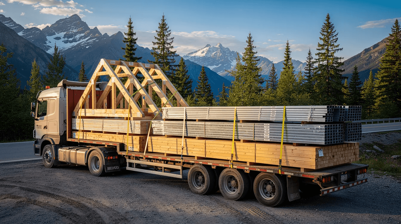 B9250d42d00448b58a856ceb1733b573 The image shows a flatbed truck loaded with components of an A frame cabin kit surrounded by a picturesque mountain setting The materials are ready for assembly embodying the vision of creating a cozy vacation home or primary residence that harmonizes with nature