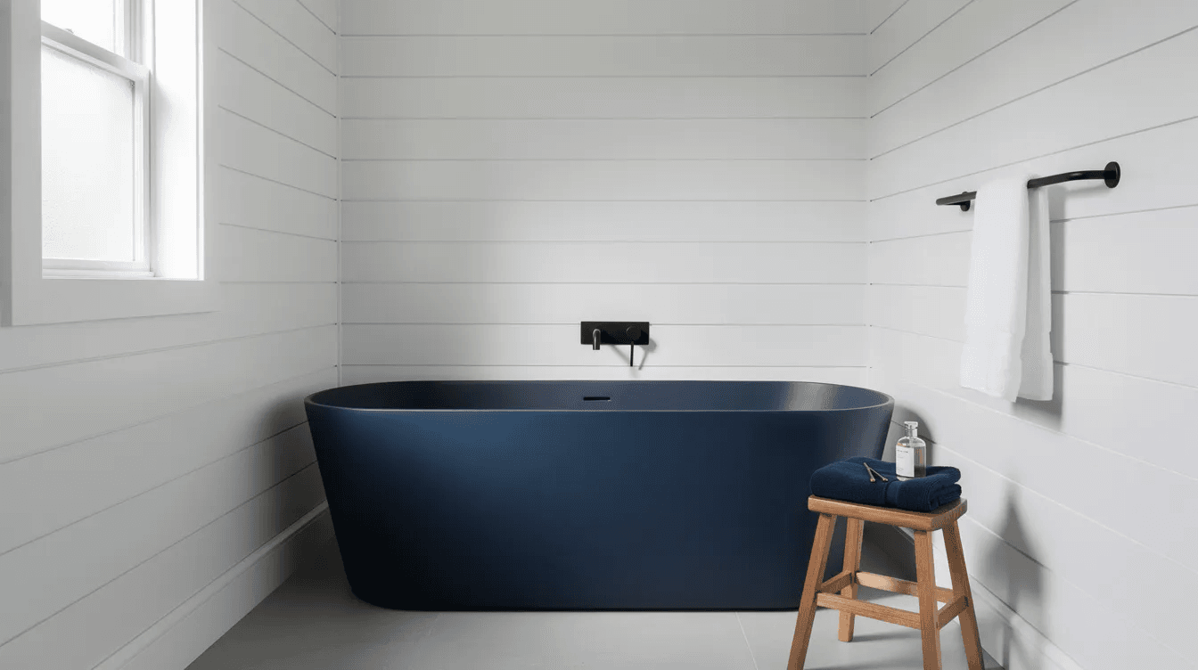 B947120be7c24cecb4d1ed70338baa22 The image features a modern tiny bathroom showcasing a deep blue Japanese soaking tub against white shiplap walls creating a serene and stylish space The design emphasizes compact living with thoughtful details that enhance both comfort and functionality in this tiny house setting