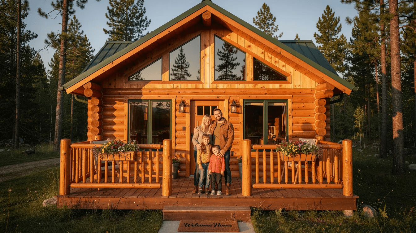 A happy family stands proudly on the porch of their new log cabin home surrounded by beautiful logs and the charm of nature The scene captures the joy of homeowners embracing their dream log cabin nestled in the woods