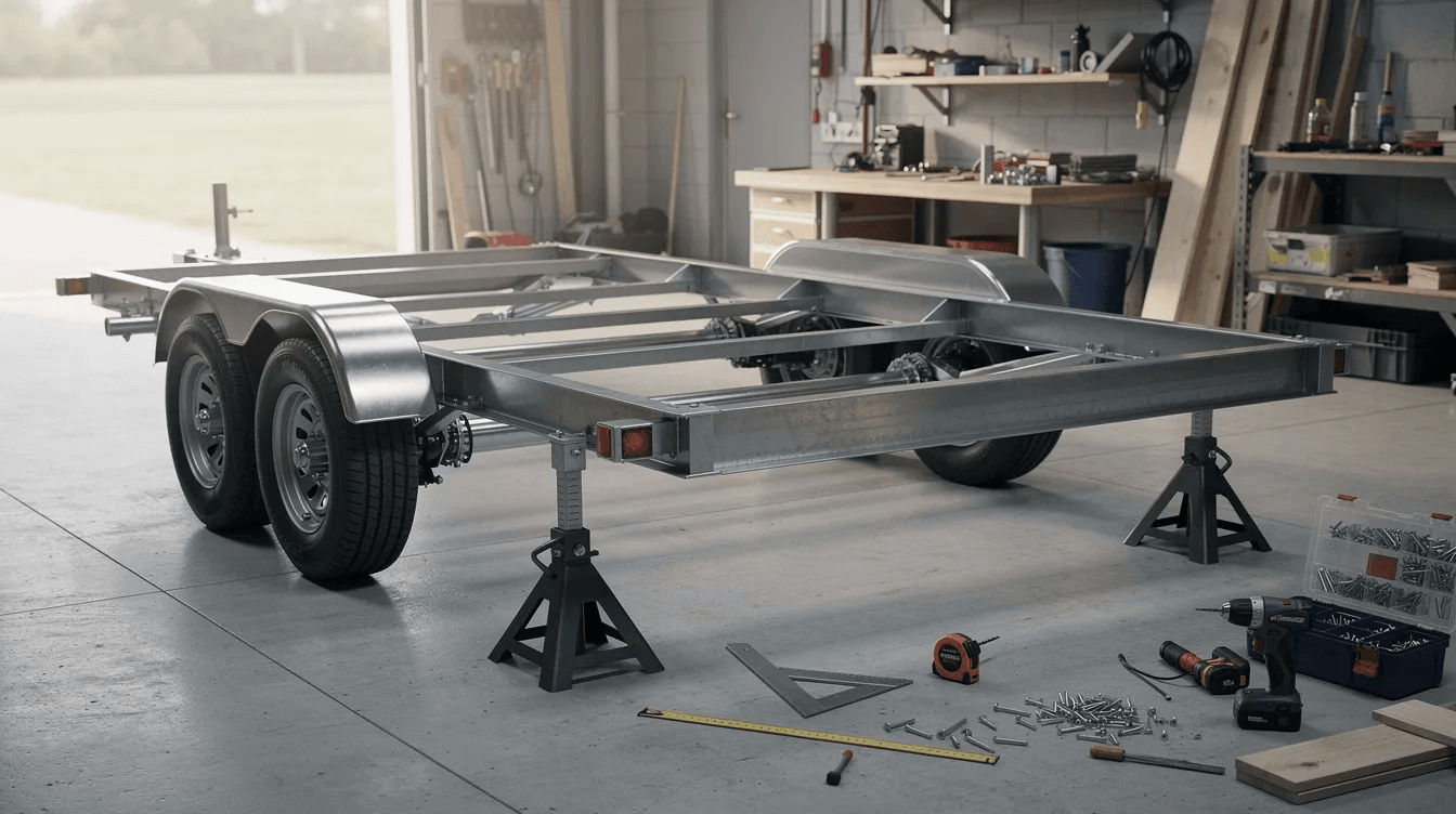 A bare steel trailer frame is positioned on jack stands with wheel chocks ready for the construction of a cabin floor highlighting the initial stages of building a tiny house or modular cabin The scene captures the foundation of what will soon become a cozy home perfect for life at a campground or as a prefab cabin on your property