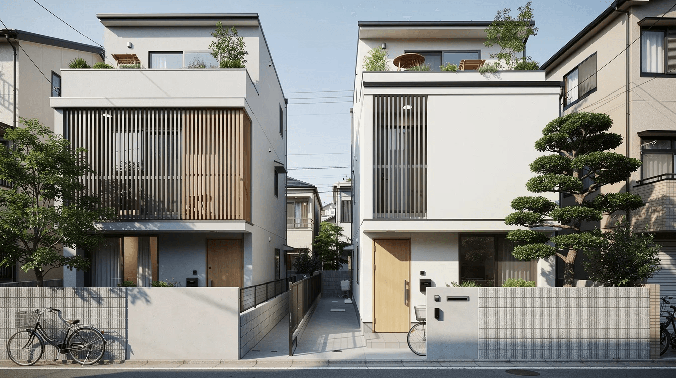 The image showcases a modern small house design in an urban Tokyo setting featuring vertical stacking with rooftop terraces and louvred facades This residence exemplifies the innovative use of space by architects blending functionality and beauty within the constraints of minimal setbacks and height limits creating a comfortable living environment for a young family