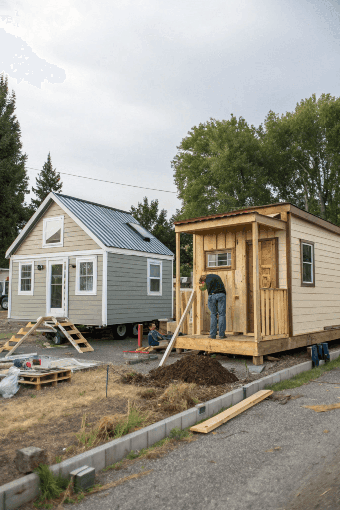 People building a tiny house.