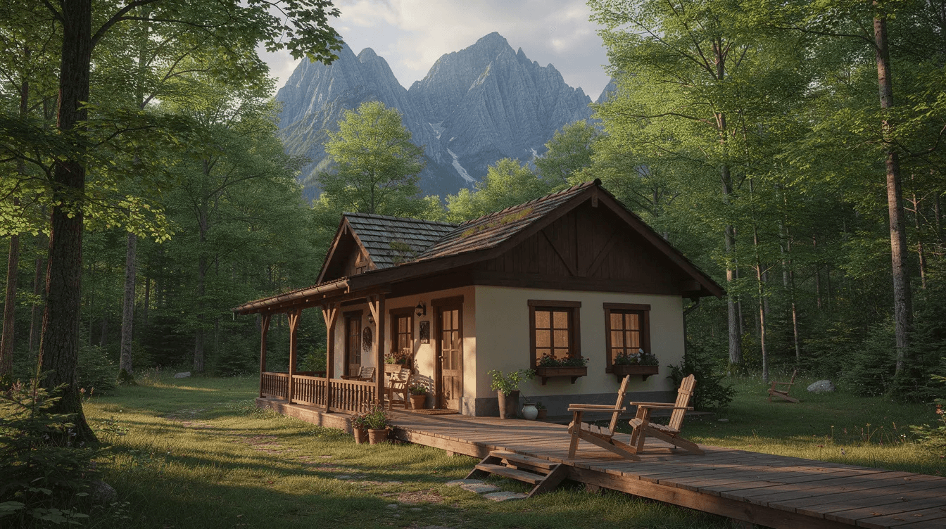 A cozy cottage with a wooden porch nestled among trees set against a backdrop of majestic mountains perfect for those seeking a tiny home lifestyle This charming retreat offers a peaceful escape ideal for full time living or a weekend getaway
