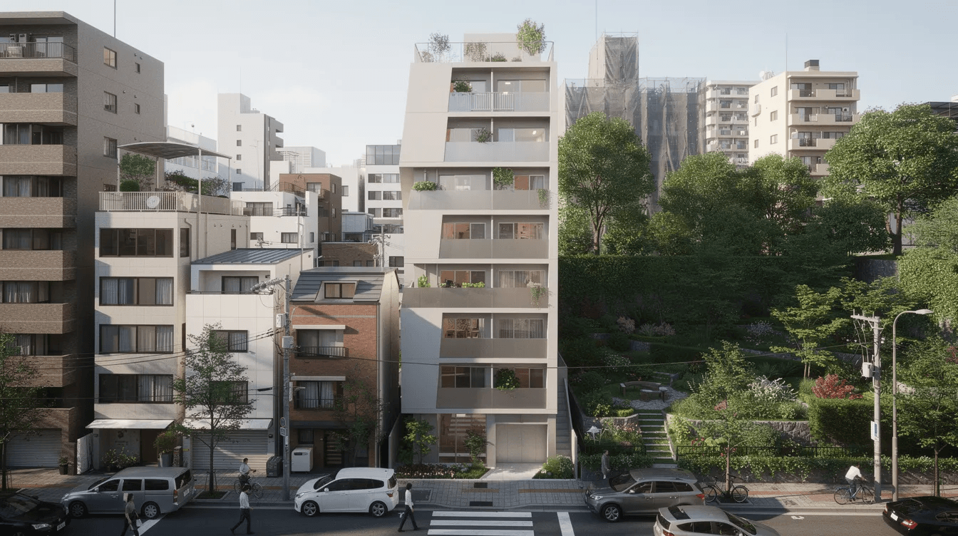 Bb90cab50e48412591c96c138674ad7f The image showcases a small house in the Aoyama neighborhood of Tokyo characterized by its narrow streets and low to mid rise buildings The house features a unique tilted facade wrapped in opaque cladding with gardens providing essential light and views and operable windows that enhance the living spaces while minimizing street noise