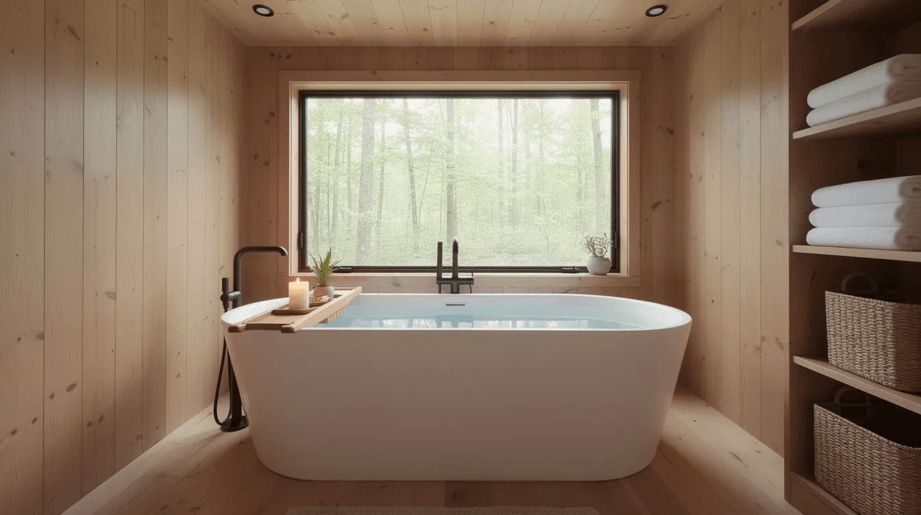 Bbd22076c8c24f07b5c9da49469e4a50 The image features a cozy bathroom in a tiny house showcasing a modern Japanese soaking tub made of wood designed for comfort and relaxation The compact space is thoughtfully arranged with hidden outlets and storage creating a harmonious blend of functionality and style in tiny living