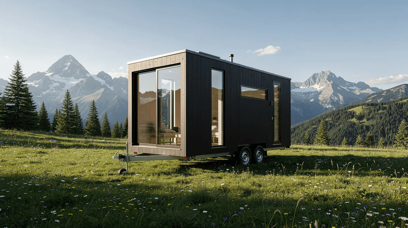 A modern tiny house on wheels is parked in a picturesque mountain meadow featuring large windows that reflect the surrounding natural light This tiny home showcases premium materials and smart design making it an ideal choice for those interested in tiny home living and self sufficient lifestyles