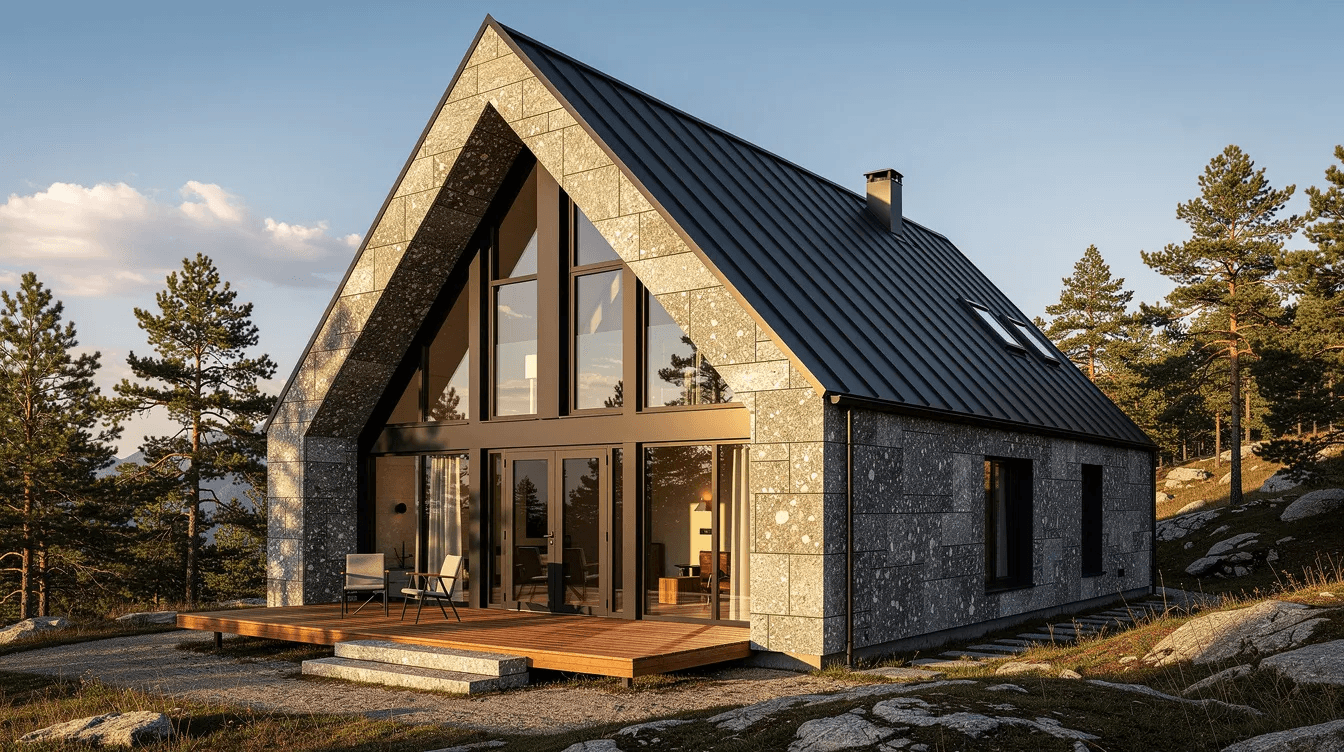 Bd891ec0c5fe47c096f25cef26b00a82 The image depicts a modern A frame house made of granite showcasing its distinctive triangular shape and stone exterior Surrounded by a snowy landscape the house features spacious decks and porches that blend seamlessly with the outdoors highlighting its unique style and design inspiration