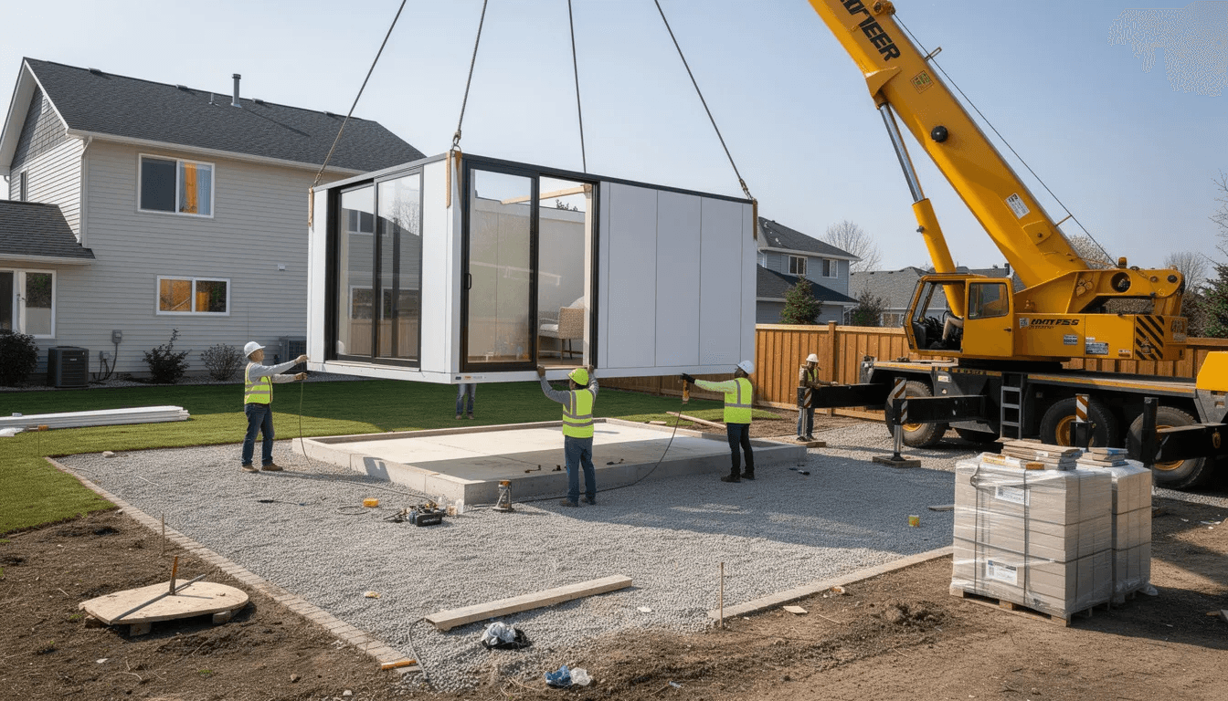 A crane is lifting a prefabricated pod designed as a compact living space onto a prepared foundation in a residential backyard showcasing the installation process of a high quality modular home This extra living space is ideal for outdoor living and can accommodate various needs such as a garden room or tiny home