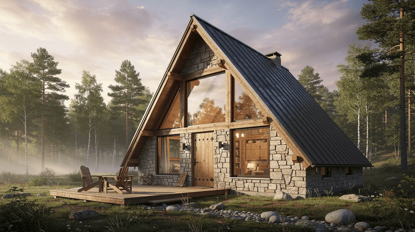 Bf2e568b42a74db49e62cb58c9fea89b The image showcases a rustic stone A frame home featuring a distinctive triangular shape that blends modern style with natural materials The exterior is adorned with stone walls and the home is set against a snowy outdoor backdrop highlighting its cozy charm and inviting design