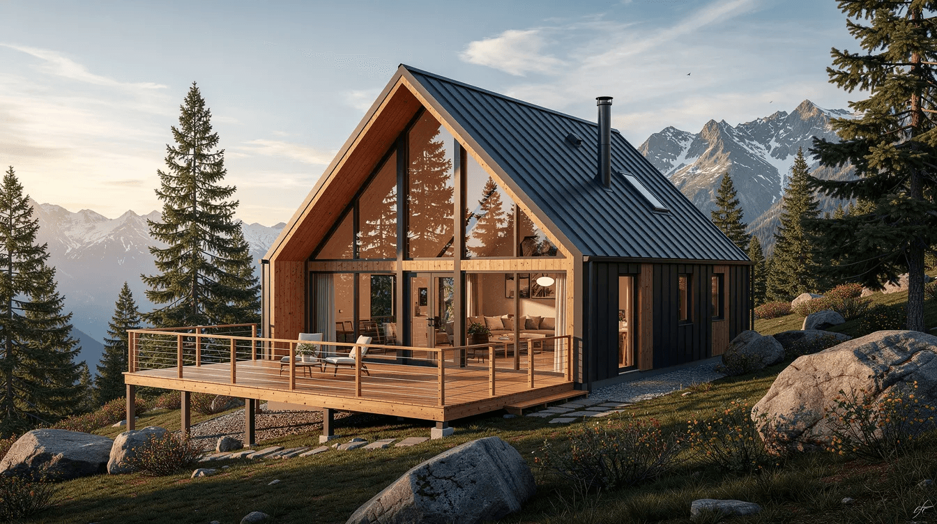 C3b1cb06b1ad4d0cac71faba2de24a89 A modern A frame cabin features a large wraparound deck and expansive floor to ceiling glass windows nestled in a picturesque mountain setting This stylish house design offers a spacious living space and stunning views of the surrounding landscape