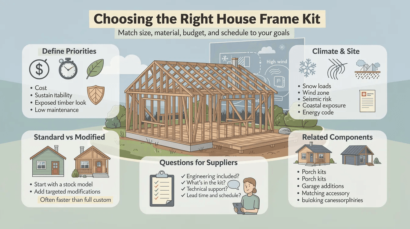 C47ae994a240440ebbc3dde44a7e0128 An image illustrating the process of selecting the right house frame kit shows a variety of timber frame kits laid out with detailed instructions and specifications The scene emphasizes the importance of matching materials size and budget while considering customization options and related components for a construction project