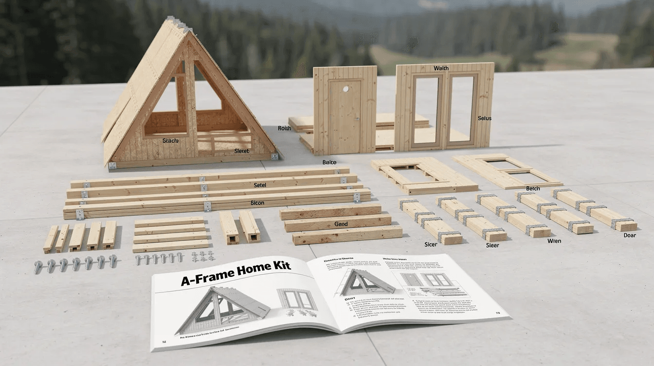 C5002b0964ce41f58bed8b36a91ac236 The image depicts an A Frame Homes Kit showcasing its steeply angled rooflines and large windows designed to maximize natural light and energy efficiency This eco friendly structure is ideal for a primary residence or vacation home featuring customizable interior options like built in cabinets and a loft for additional living space