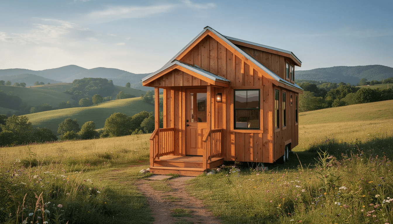 A charming small wooden tiny house is nestled in the Virginia countryside surrounded by lush green rolling hills embodying the essence of tiny home living and the dream of a simpler life This serene location showcases the beauty of rural Virginia perfect for families and friends seeking a peaceful retreat