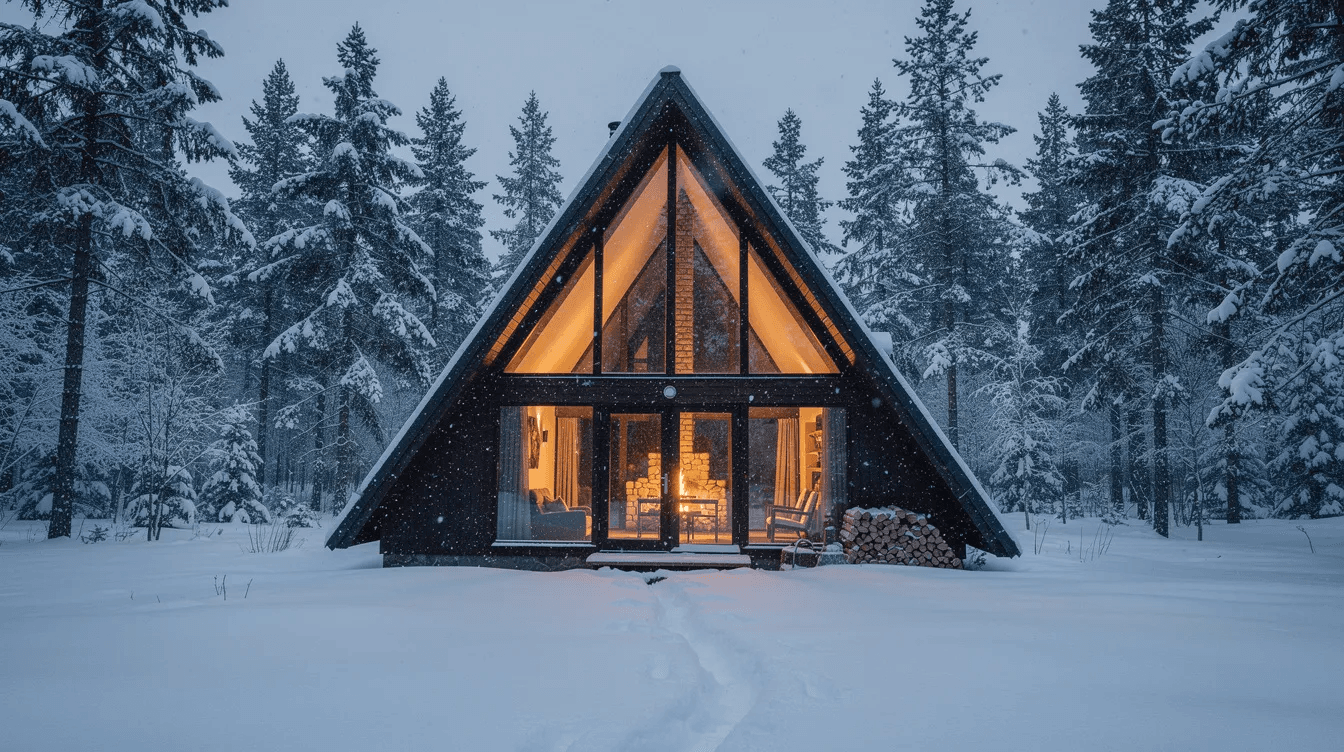 An A frame cabin with a steeply pitched roof is nestled in a snowy forest clearing featuring large front windows that allow natural light to fill the living space This architectural style creates a cozy vacation home atmosphere perfect for enjoying the winter outdoors