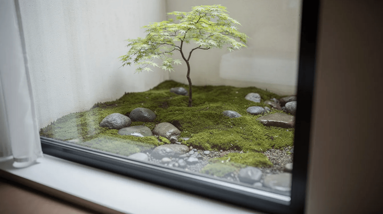 The image showcases a tiny interior courtyard garden featuring lush moss smooth stones and a single small tree all viewed through a glass wall creating a serene and minimalist space that highlights the beauty of nature within a small house design This tranquil area serves as a perfect inspiration for young families looking to incorporate greenery into their living spaces