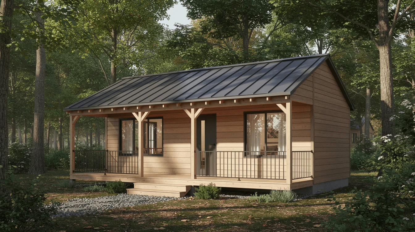 The image features the exterior of a finished tiny home designed from a shed complete with a welcoming front porch and a durable metal roof all nestled among lush trees This single story structure offers a cozy living space that could serve as a guest house or a hunting cabin showcasing a modern style and long lasting materials