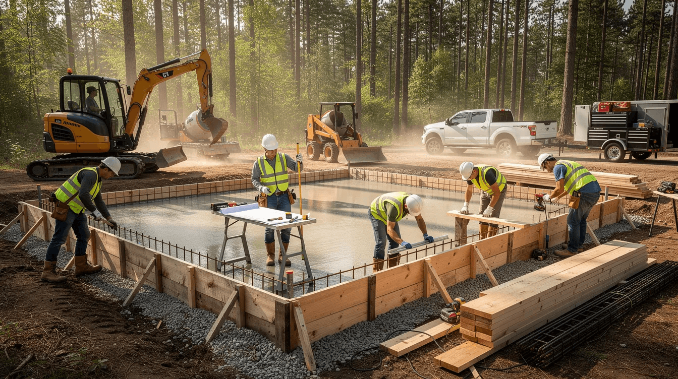 A construction team is actively working on the foundation of a log cabin utilizing heavy equipment and tools to prepare for the assembly of a dream log cabin The scene showcases the collaborative effort involved in building log home kits emphasizing the importance of quality construction methods and materials