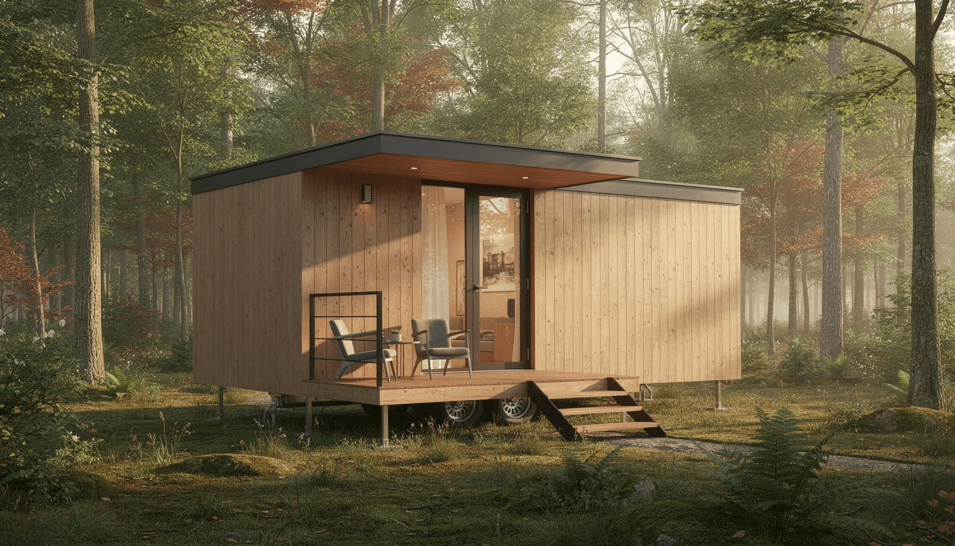 The image shows a modern wooden portable cabin featuring a cozy porch and surrounded by lush trees creating a serene atmosphere This two bedroom log cabin is designed for comfortable living perfect for a relaxing retreat in nature