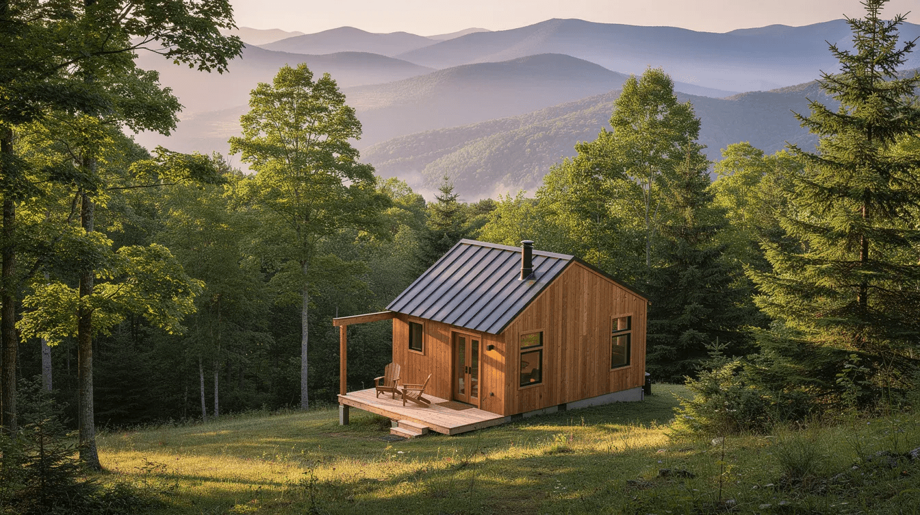 A small wooden tiny home is nestled among the lush greenery of the Blue Ridge Mountains surrounded by a serene forest backdrop This charming dwelling represents the essence of tiny living in North Carolina showcasing high quality materials and a beautiful design that embodies comfort and intentionality