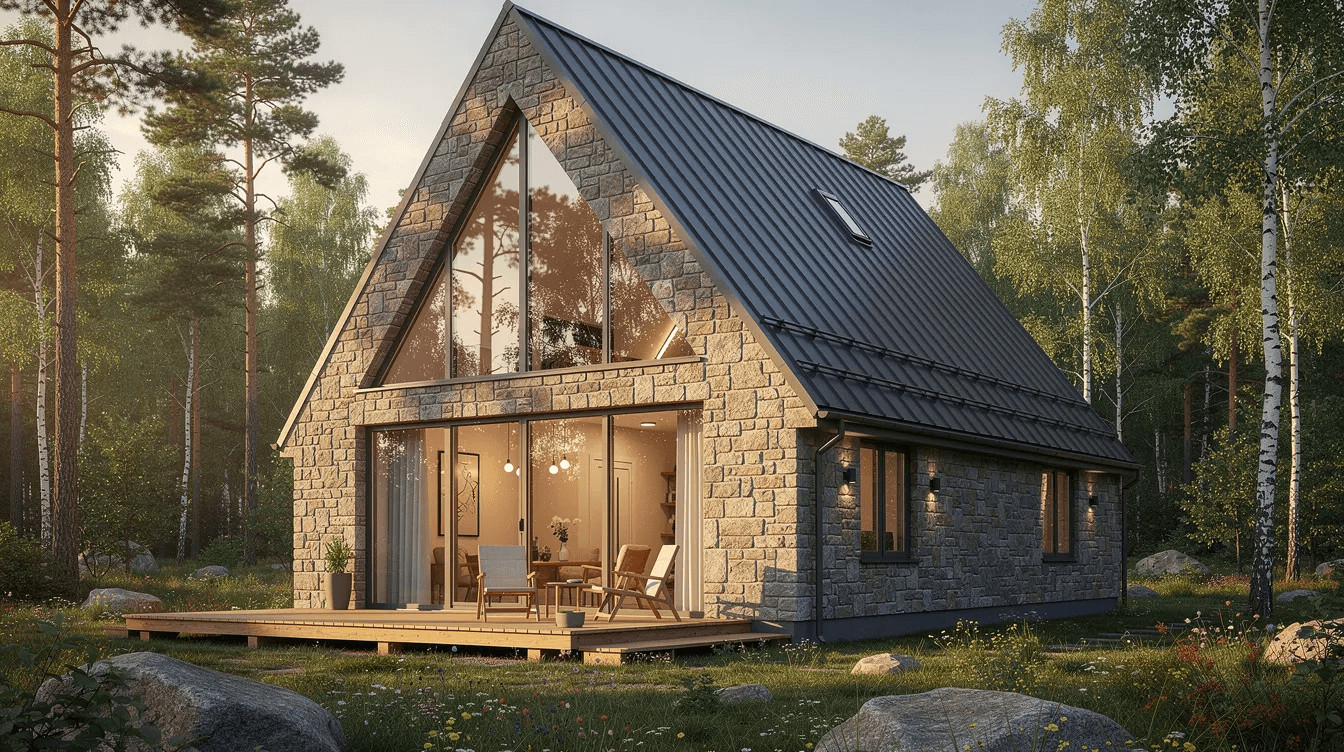 Caa16e666f6b41248ffbbe94ecb3fdf3 The image features a modern stone A frame house characterized by its distinctive triangular shape and sturdy frame set against a backdrop of snow covered ground The exterior showcases a blend of natural stone and wood elements while the interior offers a cozy and stylish living space perfect for enjoying the outdoors from the comfort of a spacious deck or porch