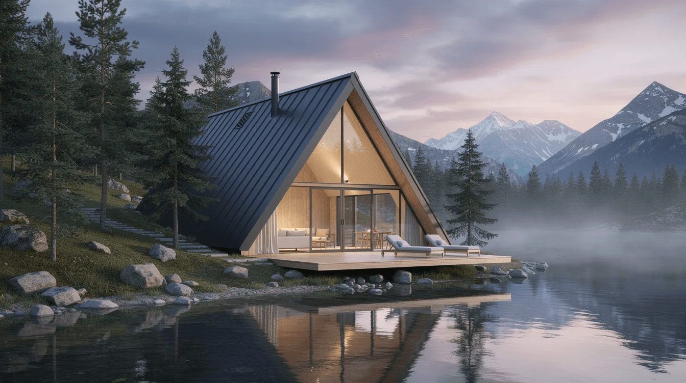 Cbea716e08ef49d3bba9eb5ca4c28404 A contemporary A frame home features floor to ceiling glass walls that provide breathtaking views of a serene mountain lake showcasing a modern design that blends with nature This stylish frame house kit emphasizes customization options and structural integrity making it an ideal choice for a primary residence or vacation home