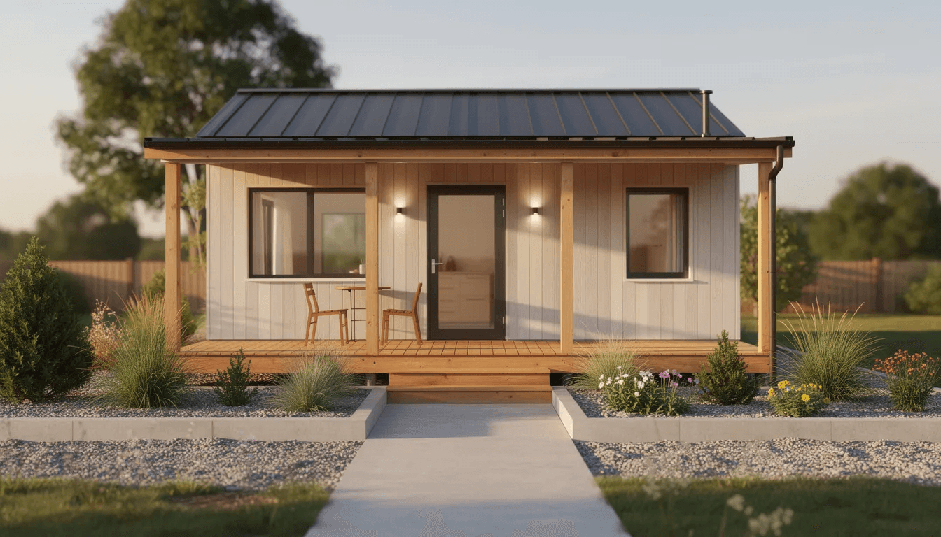 A small modern cottage designed as a cozy vacation home features a covered front porch and is surrounded by simple landscaping This charming structure approximately 600 sq ft embodies a tiny home style with one bedroom and a welcoming exterior