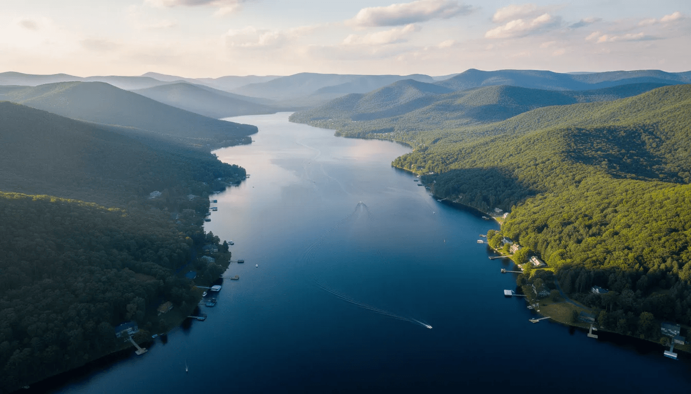 Cd42082d1a6445d991dfe3b9a4f15843 An aerial view captures the stunning Deep Creek Lake surrounded by lush forested mountains in Western Maryland showcasing the natural beauty of the area This picturesque landscape highlights the appeal of rural living and the potential for tiny house communities nestled in such serene environments