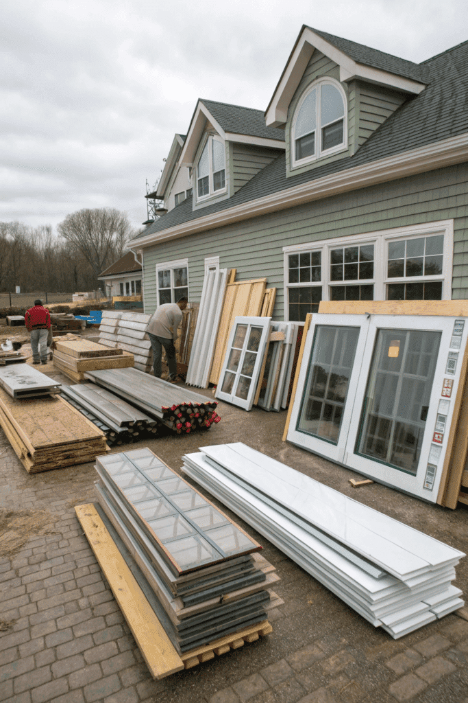 People using materials to make a tiny house.