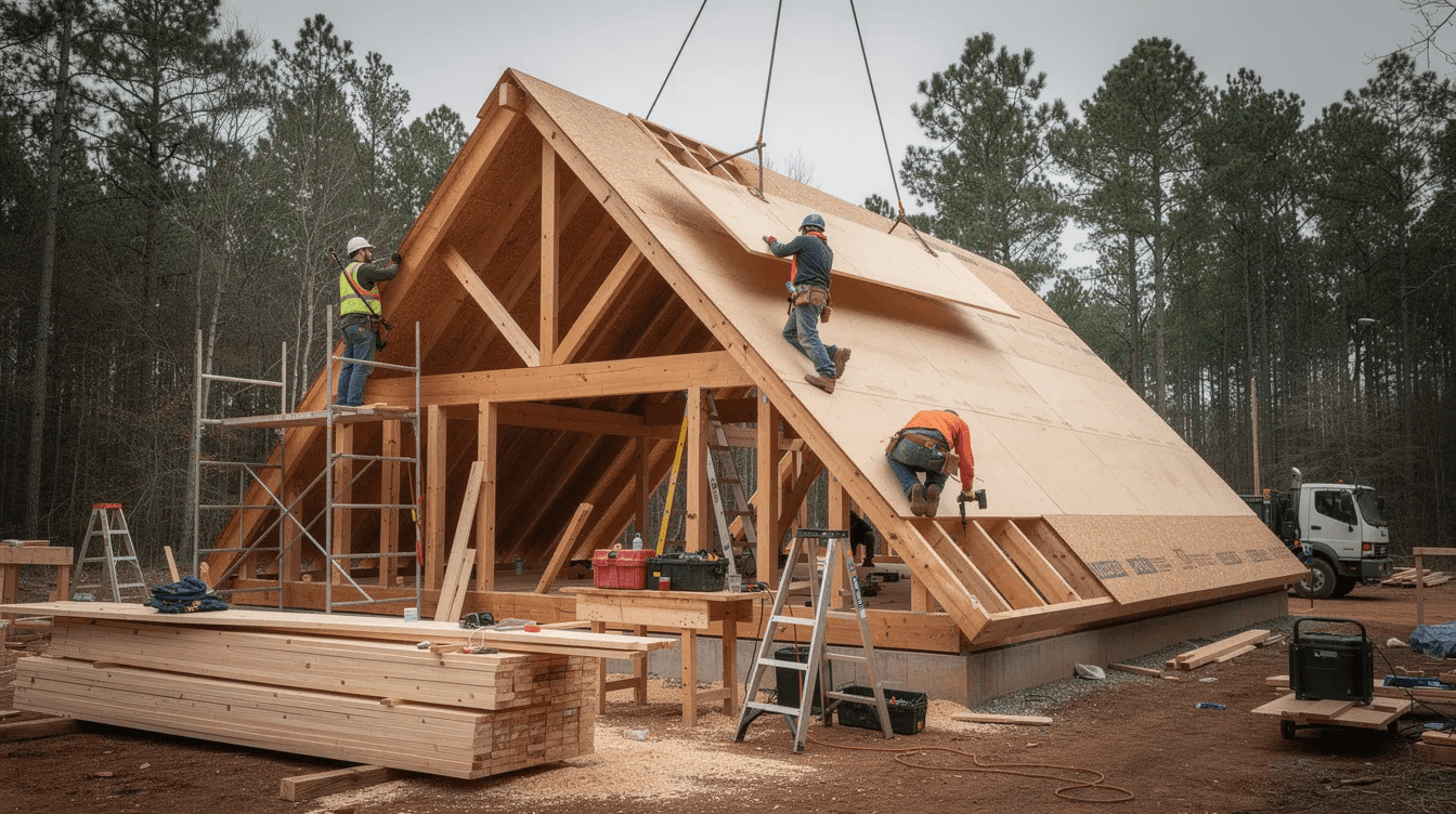 D032f945b7ad48e7ae172b189e049449 The image shows an A frame cabin under construction with workers busy assembling steeply angled roof panels This project highlights the charm and energy efficiency of A frame homes featuring large windows that will allow for natural light in the living space