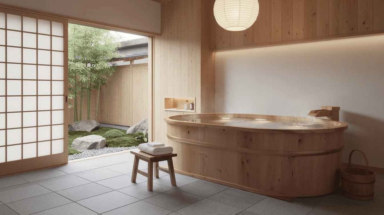 D1936ba674684956865248b34367cc1a The image features a serene bathroom designed for a tiny house showcasing a beautiful Japanese soaking tub made of wood This modern soaking tub is positioned thoughtfully to maximize space and comfort creating a perfect retreat for relaxation