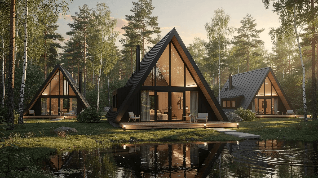 D23f1f4cb5114a4782f1f0cd8cc08910 The image showcases a modern A frame house featuring a steeply pitched roof and large floor to ceiling windows that invite abundant natural light into the living space Surrounded by natural surroundings this dream home exemplifies simple construction and energy efficiency making it an ideal vacation home or a cozy frame cabin