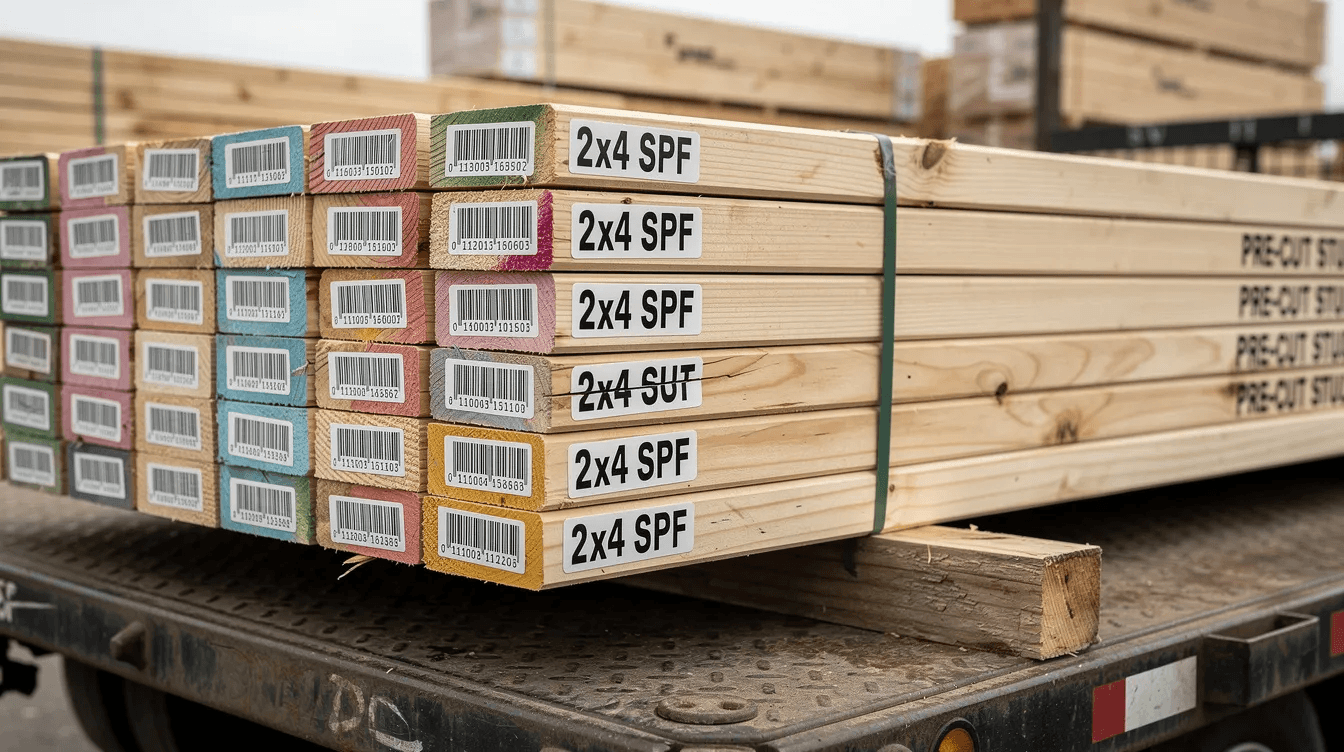 D31ca328e35b4455865a94a1cdd354e4 A close up view of pre cut lumber bundles stacked neatly on a flatbed trailer with visible labels on each piece indicating their specifications These timber frame components are ready for assembly making the construction process easier and more efficient for home projects