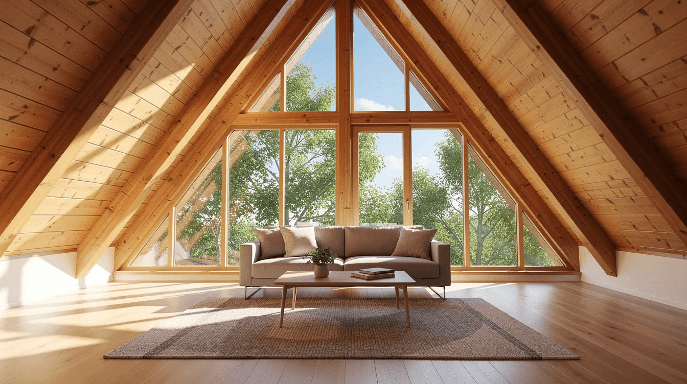 D3a7227b439b4f65b4f3ae3603fc535a The image showcases a bright A frame interior featuring vaulted wooden ceiling beams and large triangular windows that allow natural light to flood the living space The design emphasizes an open layout typical of A frame house plans creating a warm and inviting atmosphere