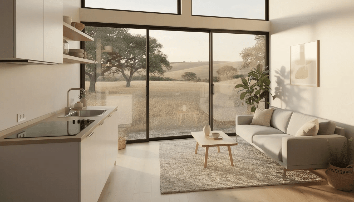 The image shows the interior of a modern tiny home featuring large windows that provide a stunning view of the Texas countryside The space includes a compact kitchen and a cozy living area embodying the essence of tiny home living in Texas with customizable options for a perfect lifestyle