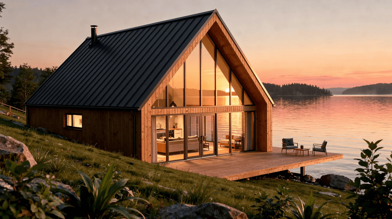 D731cd8e5d884b539480915057cff3e4 A modern A frame vacation home features large windows that provide a stunning view of a serene lake at sunset showcasing the beautiful interplay of colors in the sky The house is designed with structural integrity and quality materials making it an ideal primary residence or a cozy retreat for enjoying nature