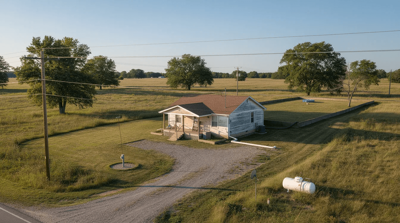 The image depicts a rural property featuring a small dwelling likely a tiny house with visible utility connections This setting illustrates the concept of tiny home living in Rhode Island showcasing the potential for parking and establishing a residence in harmony with local zoning regulations