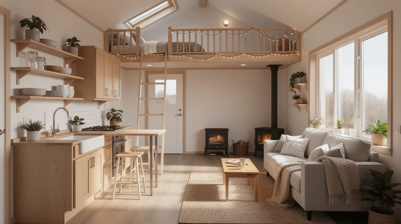 The image depicts the interior of a cozy tiny home showcasing a well designed kitchen and living area with a loft visible above This space exemplifies the tiny house movement emphasizing efficient use of square feet while adhering to local building codes and regulations