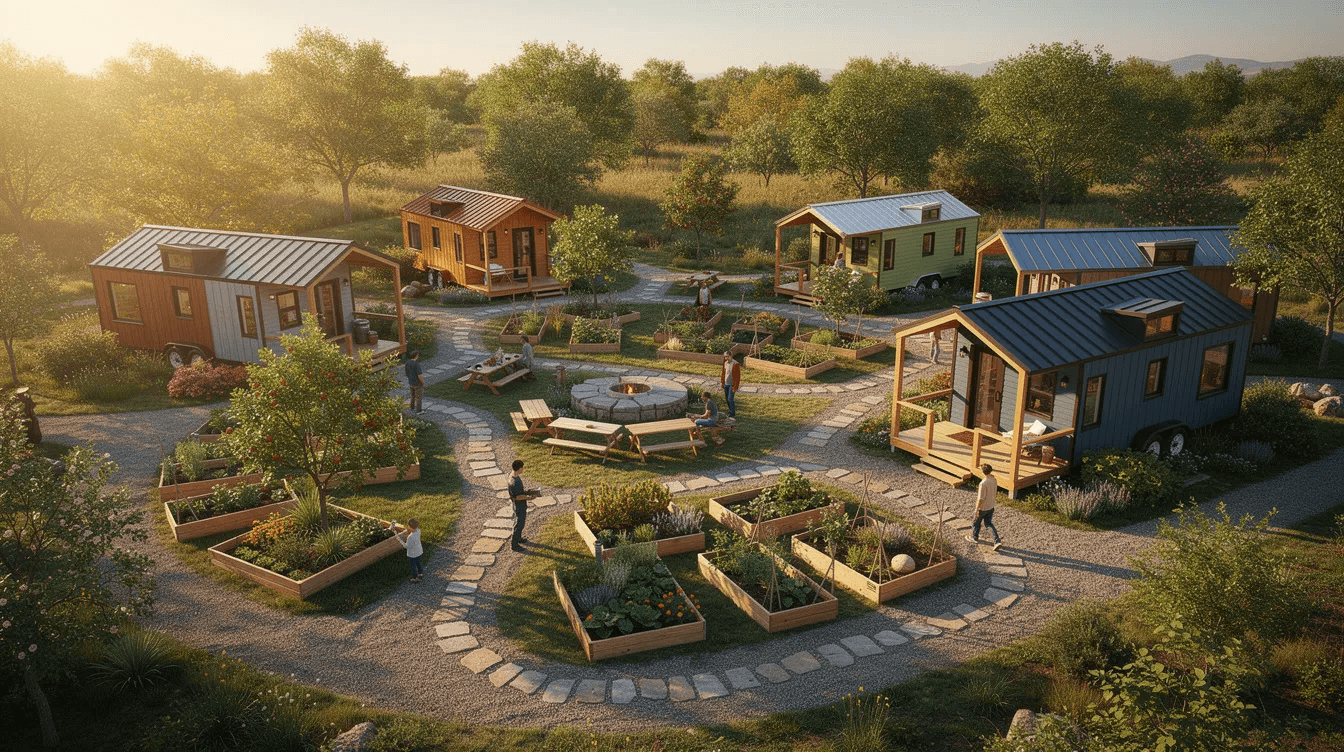 An aerial view of a cozy tiny home community showcases several small houses surrounded by shared garden spaces and winding walking paths highlighting the charm of tiny living This inviting layout emphasizes a sustainable lifestyle perfect for those seeking a comfortable and affordable place to call home