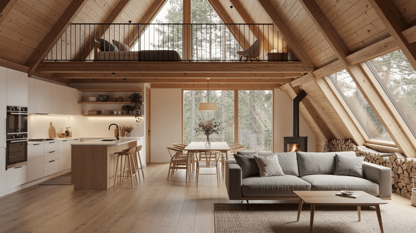 D9568c6504ec448f9a538277a412957b The image depicts the interior of a modern A frame house showcasing an open plan layout that includes a kitchen dining area and living space all bathed in natural light from large floor to ceiling windows Above a loft can be seen enhancing the unique triangular shape and spacious feel of this stylish vacation home